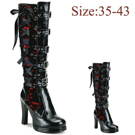 

Fashion Women Cosplay Cross Boot Women Knee High Tied Leather Kneeth Platform Wide Calf Thigh High Boots for Women Boots Gothic Bows Shoes