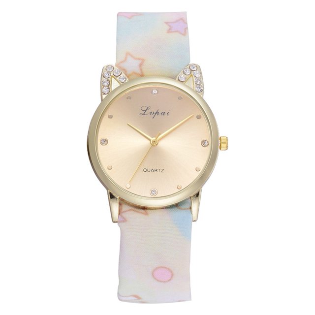 LVPAI Moda Casual Impresión Tela Vendaje Gato Rhinestones Mujer Reloj De Cuarzo Blanco