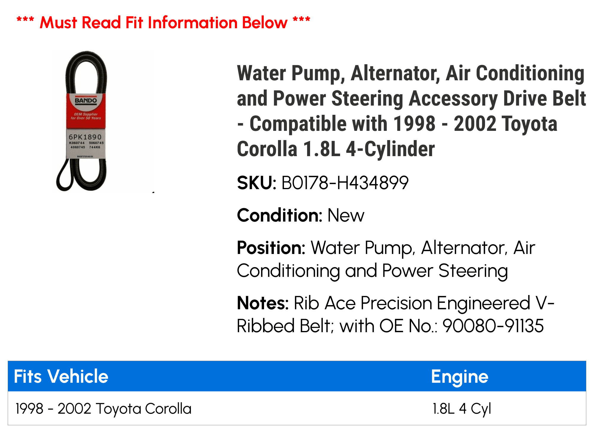 Water Pump, Alternator, Air Conditioning and Power Steering Accessory Drive Belt - Compatible with 1998 - 2002 Toyota Corolla 1.8L 4-Cylinder 1999 2000 2001