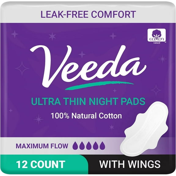Veeda Natural Cotton Night Pads for Women, 12 Count | Ultra-Thin Overnight Pads with Wings | Hypoallergenic, Unscented, Chlorine-Free, Heavy Flow Protection