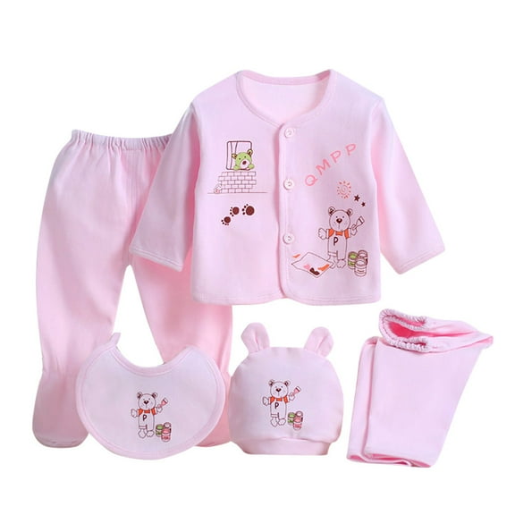 Ketyyh-chn99 Girl Clothing Set 5PCS Boys Girls Baby Cotton Clothes Tops Hat Pants Suit Bib Outfits Sets for 0-3 Months,Pink