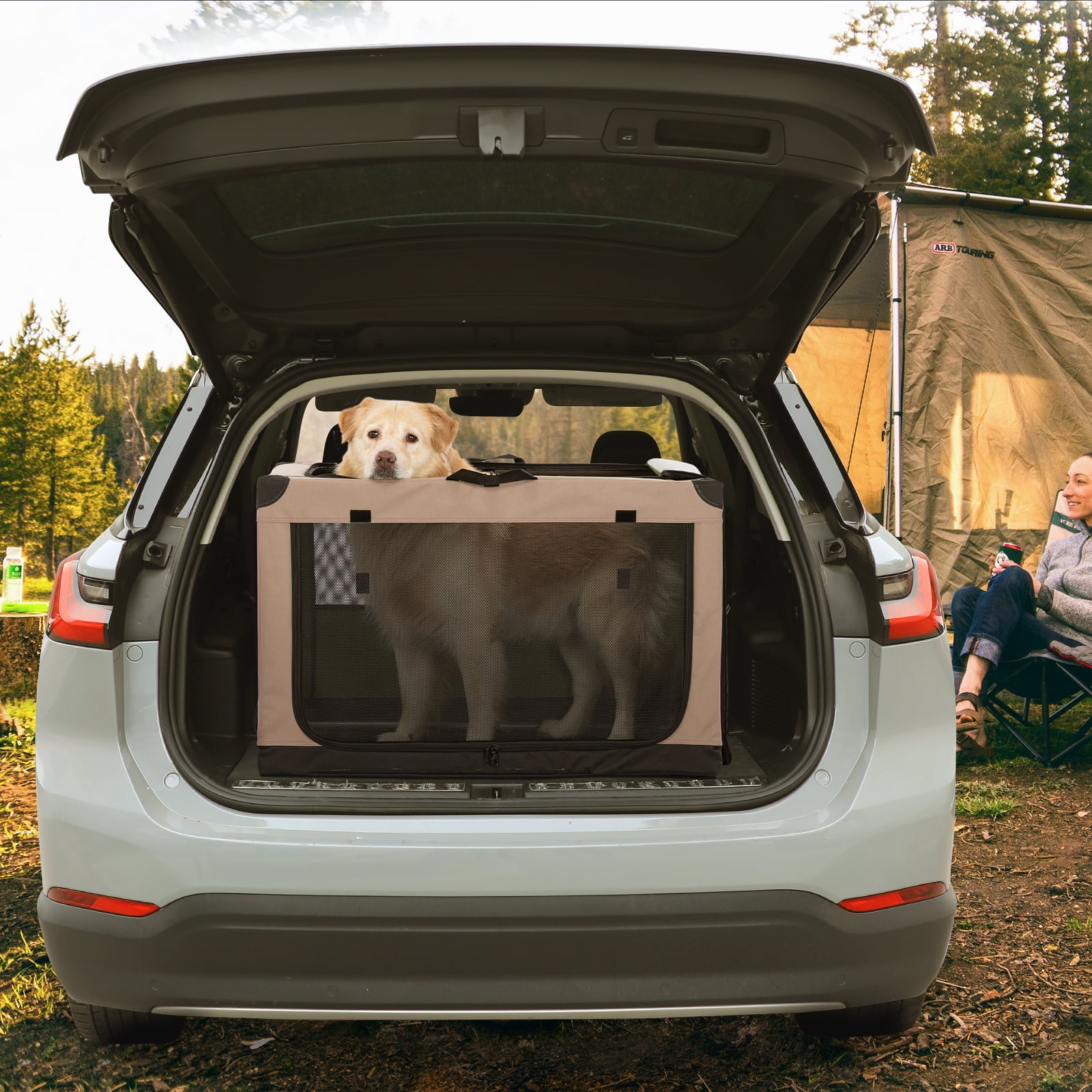 PETSFIT 36 Inch Portable Pet Care Kennel, Adjustable Fabric Cover by Spiral Iron Pipe,3 Door Design,Travel Dog Crate，Khaki