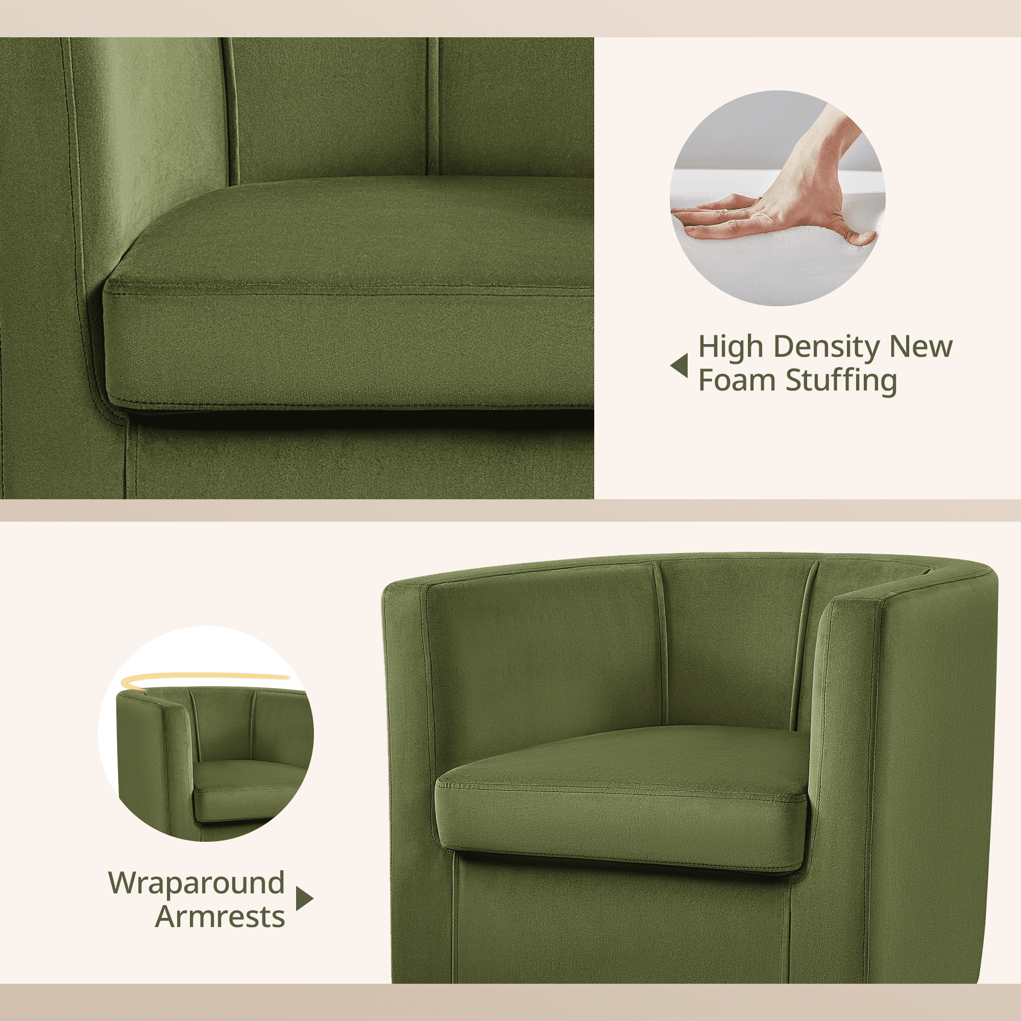 Renwick Upholstered Barrel Shaped Accent Chair with Curved Backrest for Livingroom, Olive Green Velvet, Set of 2