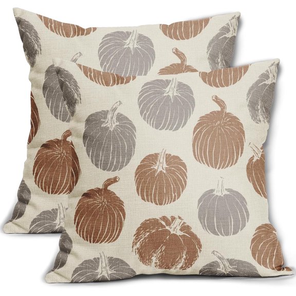 Brown Grey Gray Pumpkin Fall Pillow Covers 16x16 Set of 2 Autumn Harvest Print Thanksgiving Decorative Throw Pillows Outdoor Farmhouse Cushion Case Seasonal Decor for Couch Sofa Bed