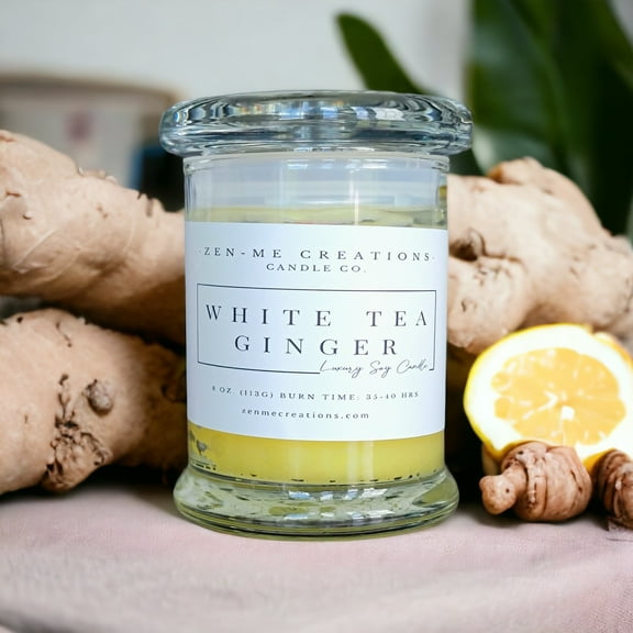 Zen-Me Creations 16 oz. White Tea Ginger Scented Container Candle with 100 h Burn Time, Aromatherapy Citrus