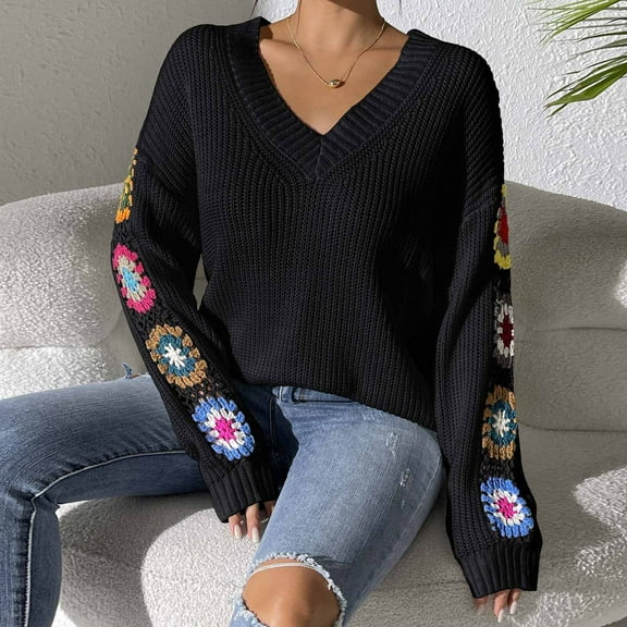Tao Women Floral Crochet Long Sleeve Sweater V Neck Solid Color Casual Loose Fall Pullover Tops BlackM
