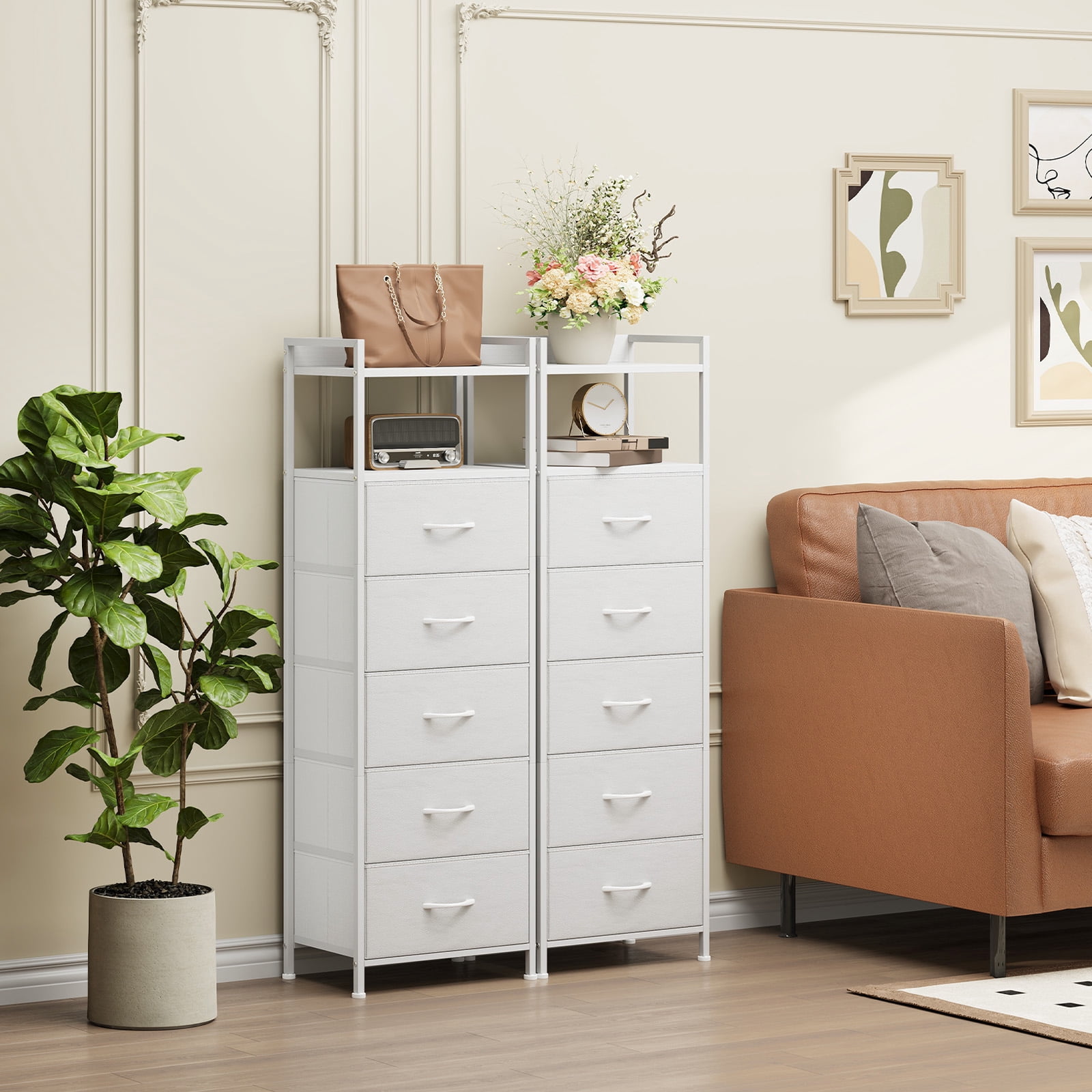Eunos White Tall Nightstand, 5 Vertical Fabric Drawer Dresser for Bedroom, Living Room, Hallway