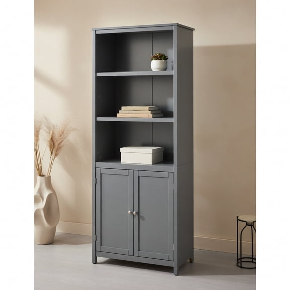 Spaco Bookcase Shelving Storage Wooden Cabinet Unit Standing Display Bookcase with Doors-Gray, Tall Bookshelf, Shelves for Living Room, Home Office, Bedroom, Balcony
