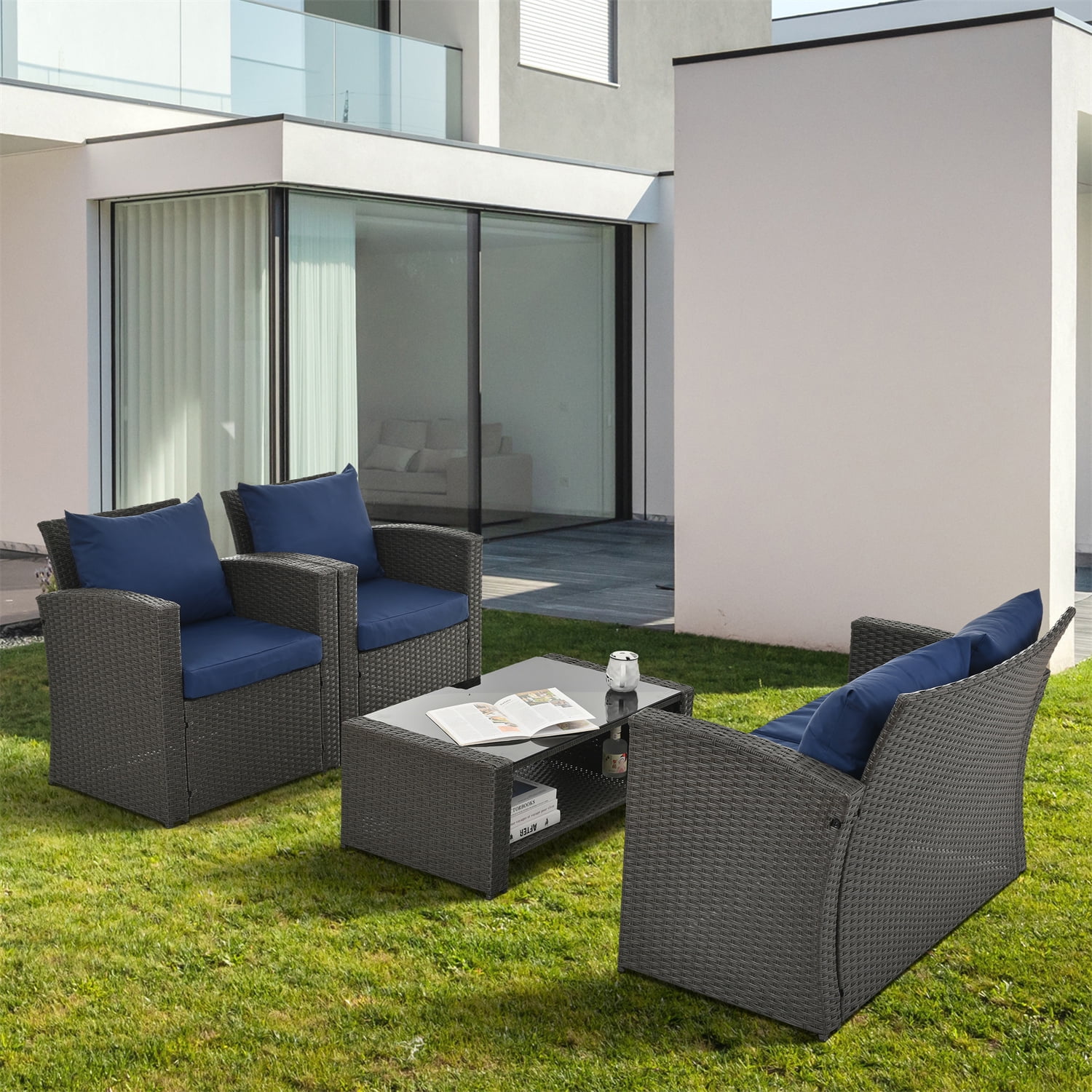 Highsound 4 Pieces Outdoor Sectional Sofa, Patio Furniture Sets Manual Weaving Wicker Rattan Patio Conversation Sets with Coffee Table, Blue Cushions