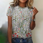 QENGING Women's Short Sleeve Floral Printed T-shirt Short Sleeves Blouse Round Neck Casual Juniors Tops on Clearance