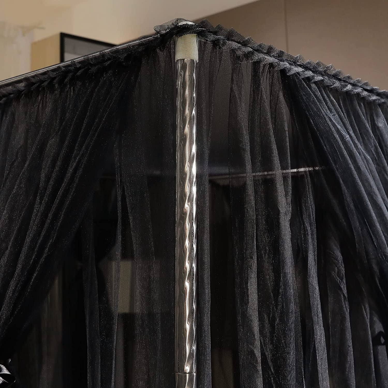4 Corners Post Canopy Bed Curtain Black- Queen Size Royal Luxurious Cozy Drapes Netting- Elegant Bedroom Decoration Accessories for Adults