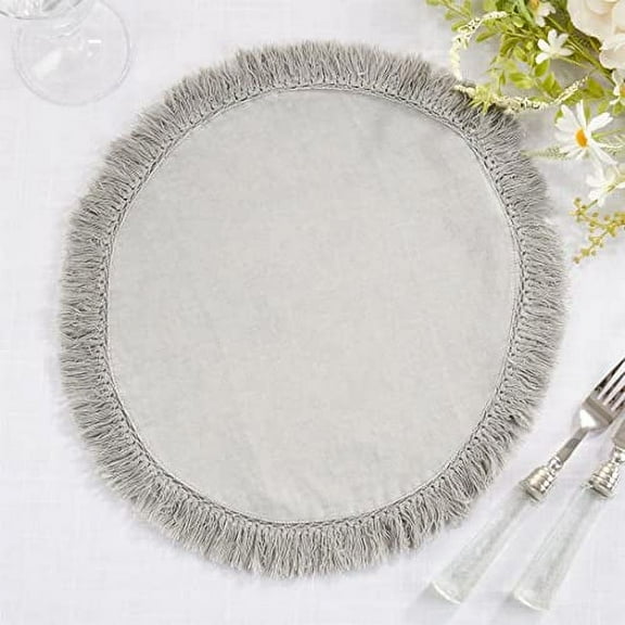 Fennco Styles Stonewashed Fringe Design 100% Linen Placemats 13" Round, Set of 4 - Blue-Grey Table Mats for Christmas, Holiday, Dining Table, Everyday Use, Banquets and Special Occasion