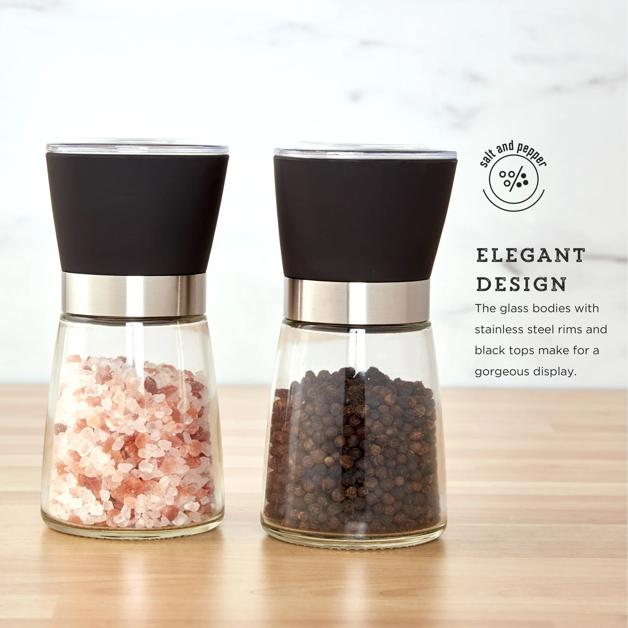 Kamenstein 5-inch Glass Prefilled Pink Himalayan Salt and Pepper Grinder Set of Two