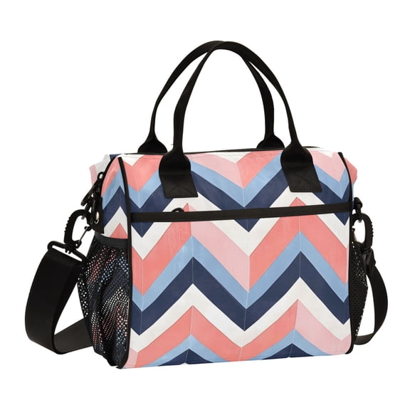 FORMRS Insulated Lunch Bag Unisex Large Capacity with Shoulder Strap, White Geometric