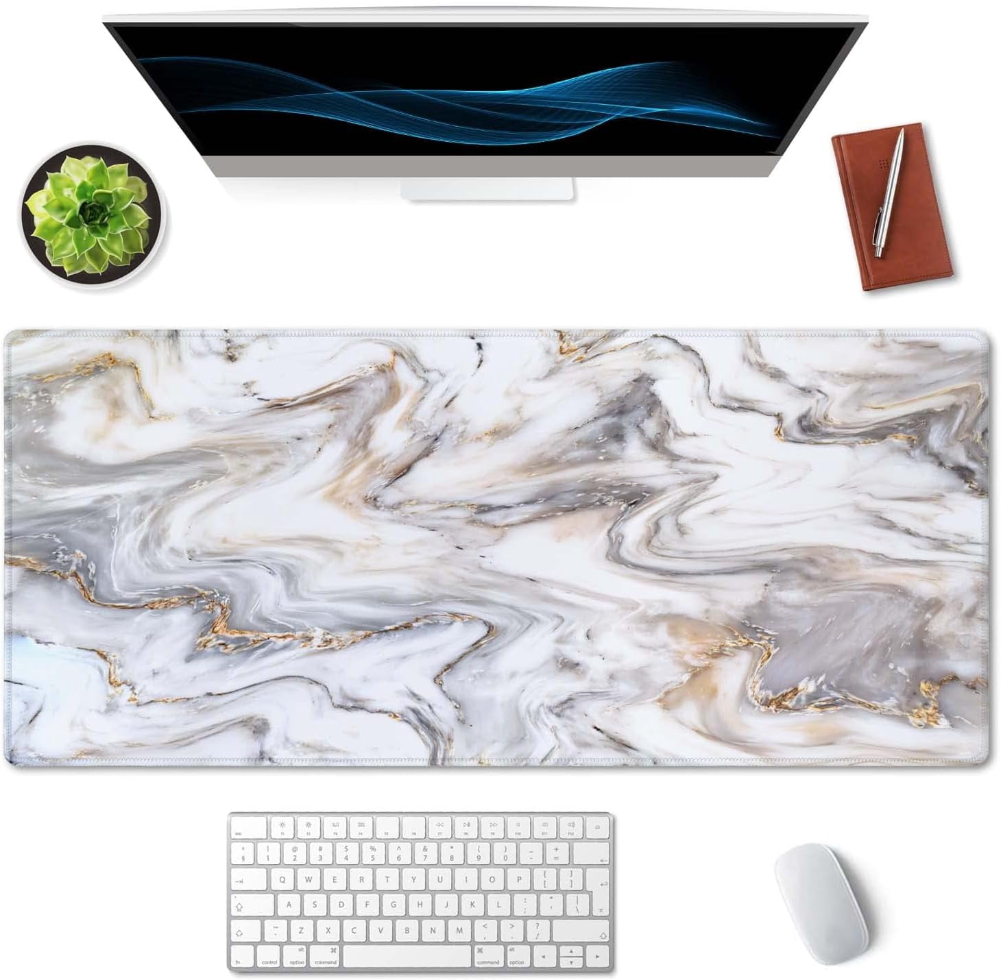 Desk Mat, Extended Gaming Mouse Pad 35.5x15.7 in, Large Non-Slip Rubber Base Mousepad with Stitched Edges, Waterproof Keyboard Mouse Mat Desk Pad for Work, Game, Office, Home -Marble Ink Texture
