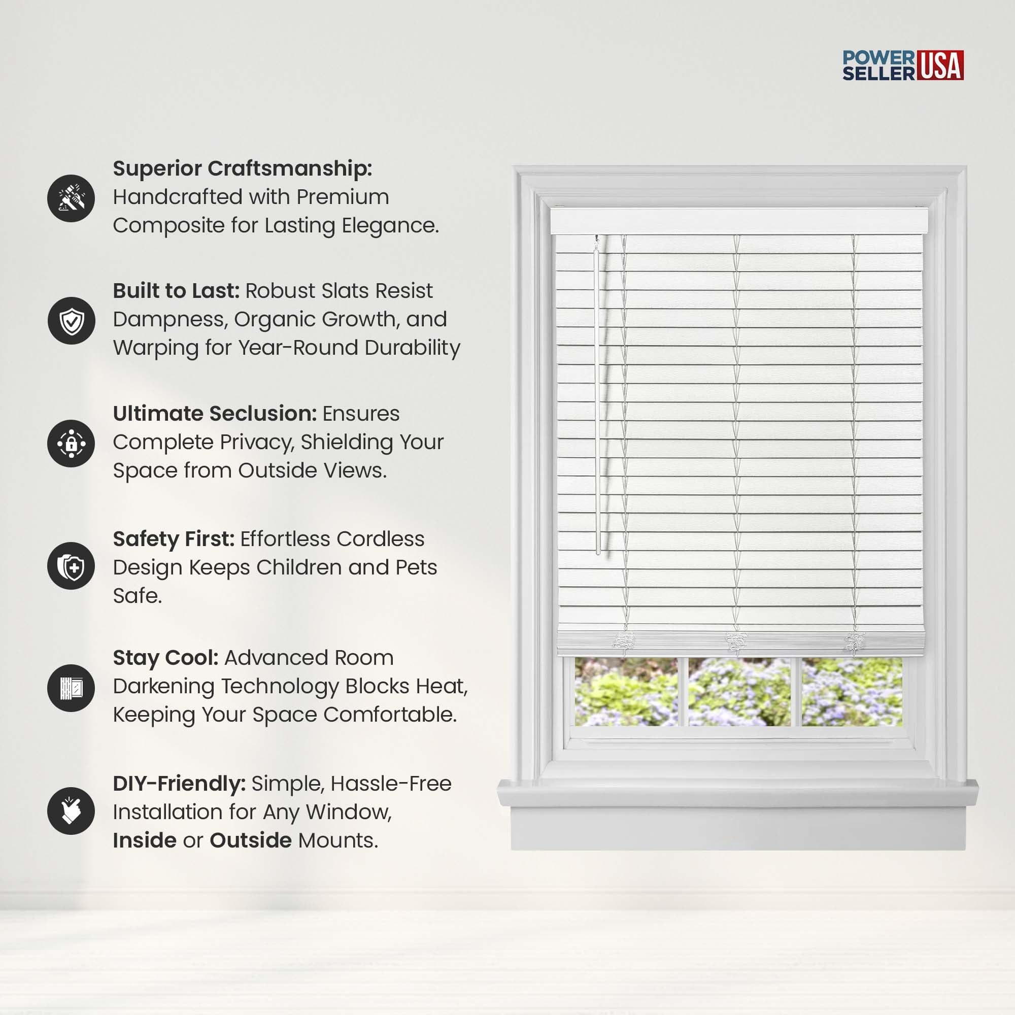 PowerSellerUSA Cordless Window Blinds, Privacy & Room Darkening 2" Slats Faux Wood Mini Blind, Anti-UV Window Treatment, White Plantation Blind, 46" Width x 64" Length, (Fits windows 23" - 74")