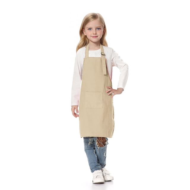 TOPTIE Kids Aprons with Pocket & Adjustable Strap, Child Chef Bib Apron for Kitchen Cooking Baking Painting-Khaki-L