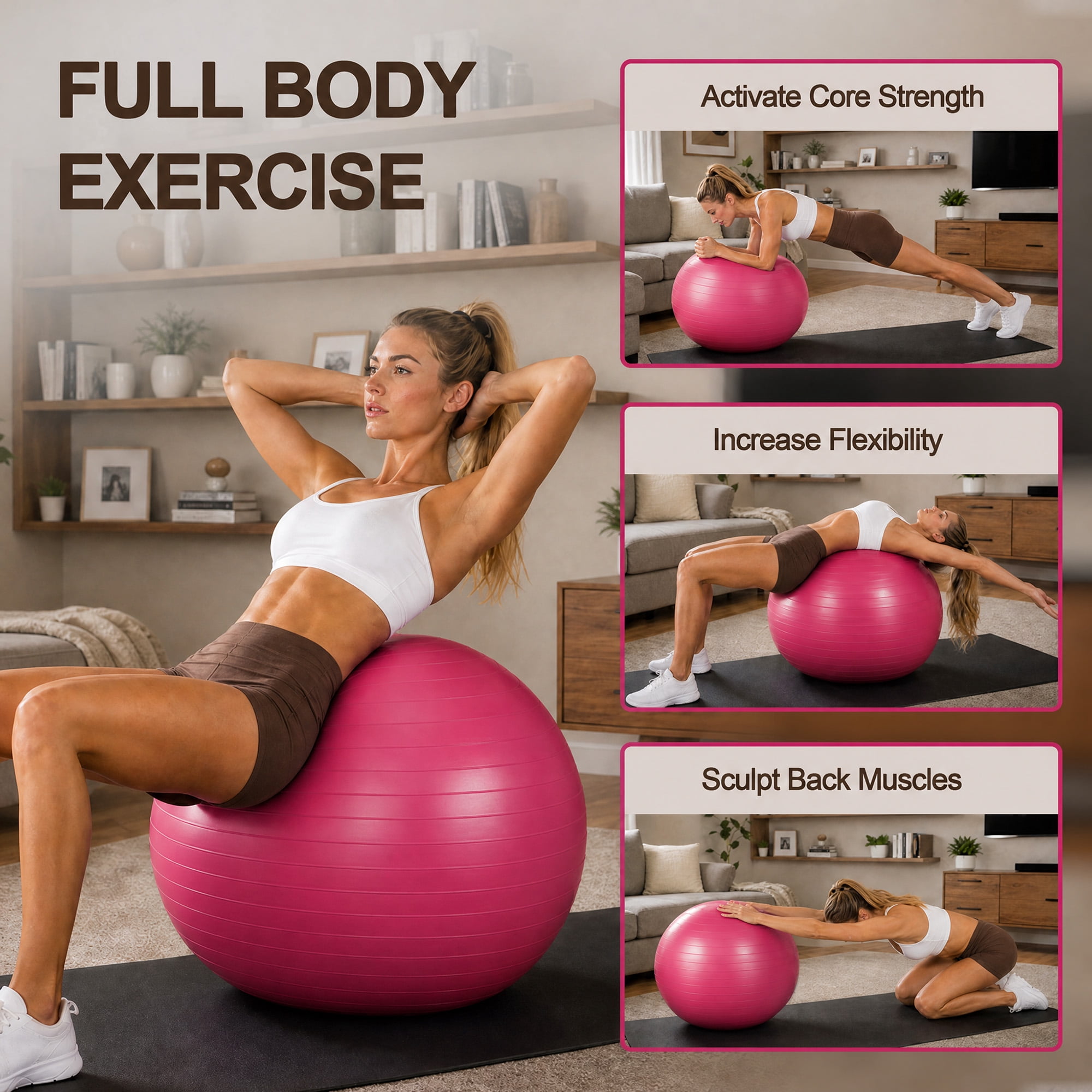 Signature Fitness 85 cm Yoga Exercise Ball with Foot Pump, Anti-Burst Slip-Resistant Stability Ball for Pregnancy, Pilates, Fitness, Balance & Core Workouts, Pink