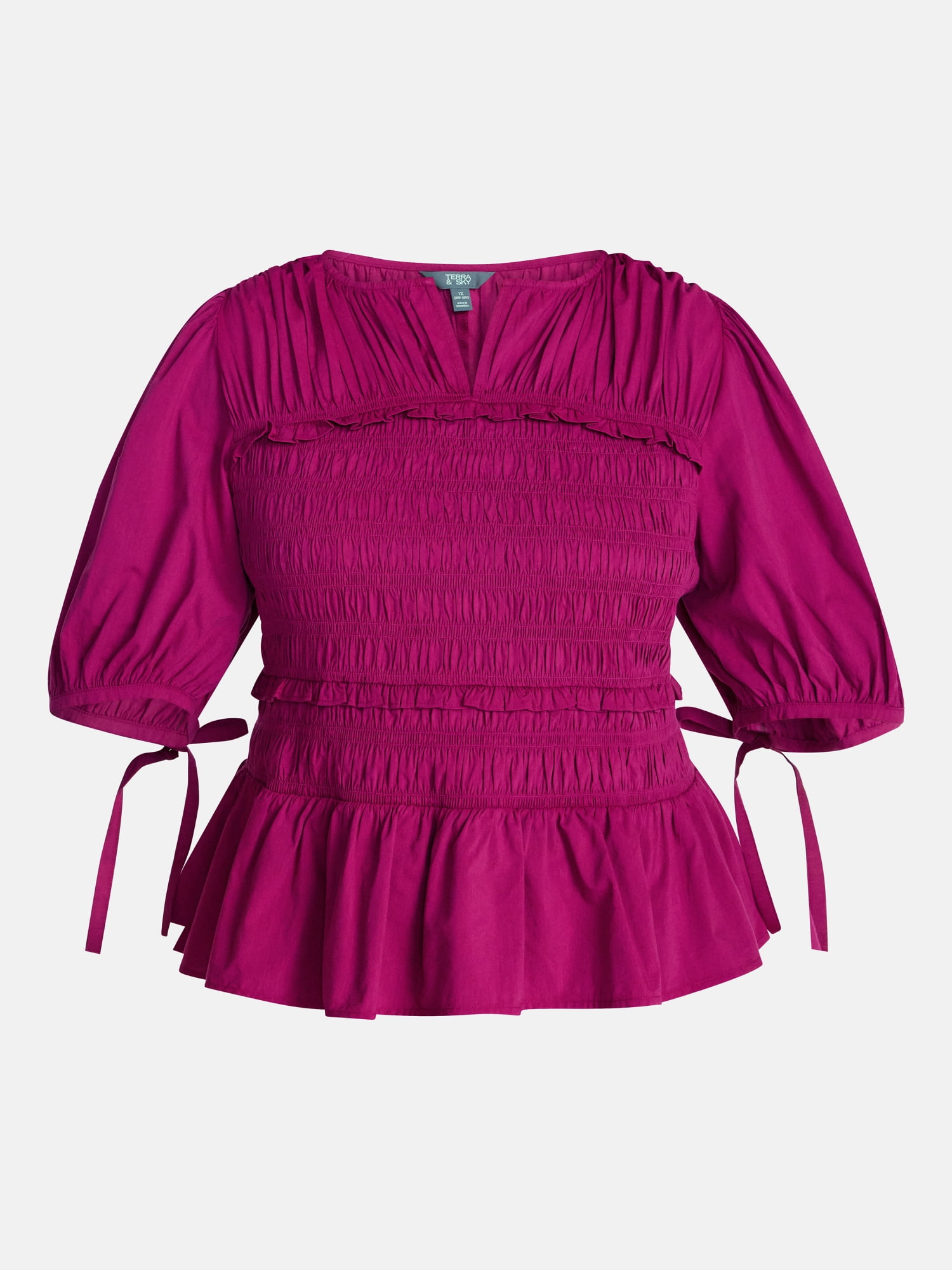 Terra & Sky Women's Plus Smocked Top with Tie Elbow Length Puff Sleeves, Sizes 0X-5X