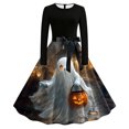 thumbnail image 2 of Karymi Plus Size Dresses Halloween Print Swing Midi Dress, Solid Crew Neck Long Sleeve Satin Bow Waist Vintage A Line Party Costume Dress Maxi Dresses for Women, 2 of 6
