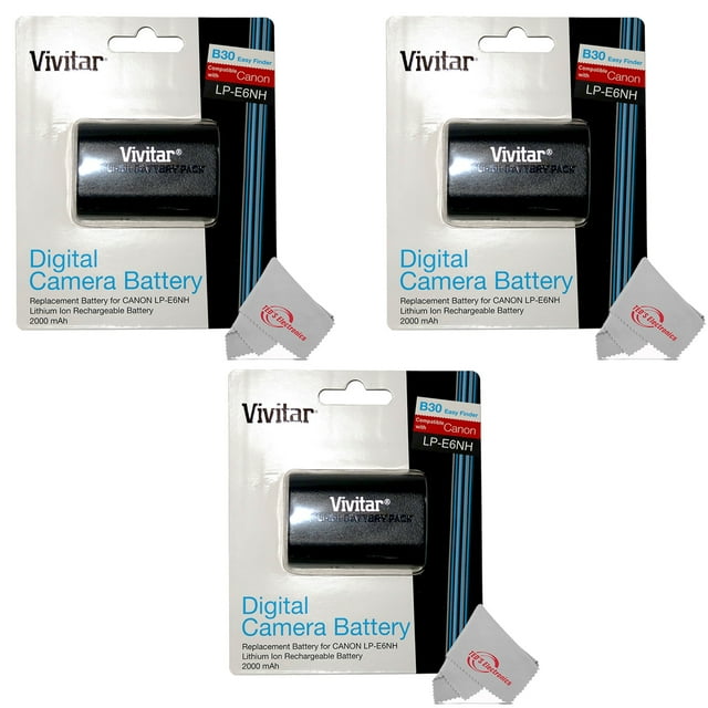 Vivitar CBE6NH 7.4V 2000mAh Li-ion Battery for Canon LP-E6NH, displayed as a set of three in retail packaging. Compatible with Canon EOS cameras, including models like EOS R5 and 5D Mark IV. Includes cleaning cloths for camera maintenance.