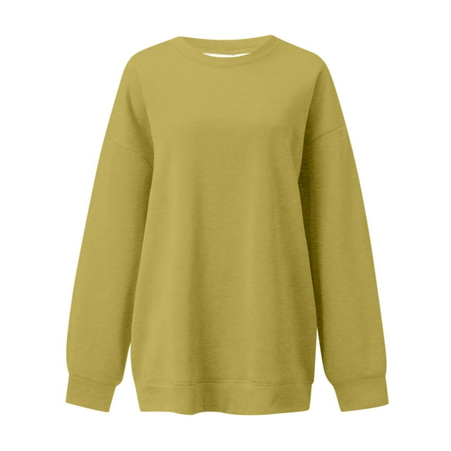 Womens Sweatshirts Oversized Fall Basic Solid Color Sweatshirt Crewneck Long Sleeve Casual Top Drop Shoulder Design Chandail Sport Femme Yellow L