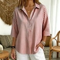 thumbnail image 4 of Lenpel 3/4 Length Sleeve Womens Tops Striped Fall Trendy Button Lapel Shirts Dressy Casual Oversized Lightweight Blouses, 4 of 6