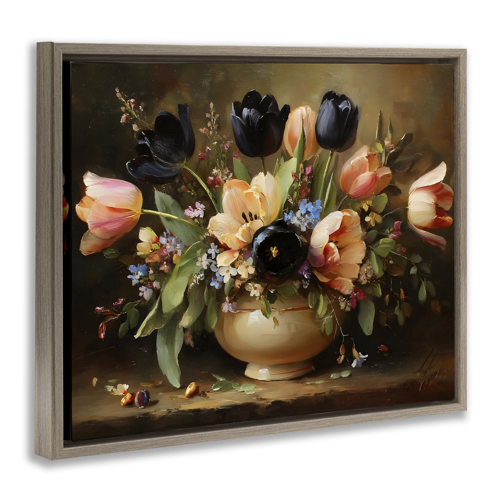 Stupell Industries Black Tulips & Peach Bouquet Brown Framed Floater Canvas Wall Art, design by Franklyn Gregory