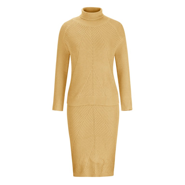 DeHolifer Dresses for Women Turtleneck Knitted Solid Color Thick Lapel  Pullover Sweater Set Midi Dress Gold M - Walmart.com