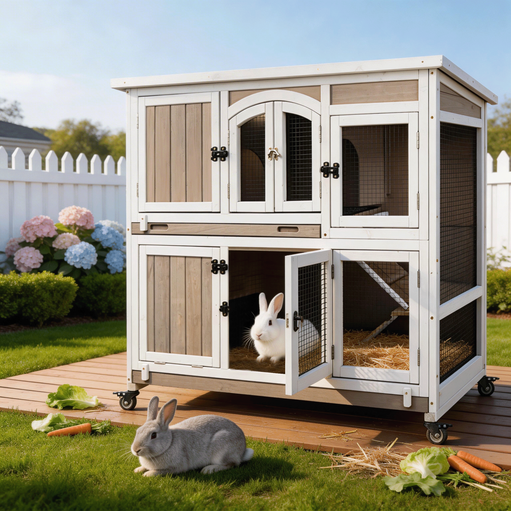 PETSCOSSET 47"L Rabbit Hutch Indoor Wooden 2 Story Rabbit Large Bunny Hutch Outdoor Bunny Cage on Wheels