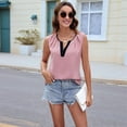 thumbnail image 4 of Camisetas Sin Mangas Plisadas para Mujer, Blusas Casuales Sin Mangas con Cuello en V, Camiseta Básica de Verano. Rosa S, 4 of 9