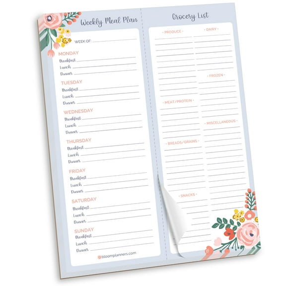 bloom daily planners Planning Pad, 8.5" x 11", Meal & Grocery Pad with Magnets, Blue Floral