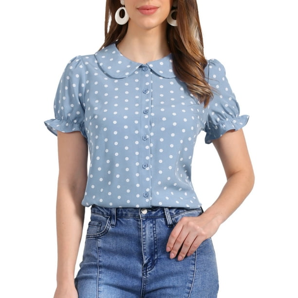 CAMISA DE PUNTOS DE POLKA PARA MUJERES CHIC INSPIRADA, CON MANGAS CORTAS Y PUFF, VINTAGE, CON BOTONES Y COLLAR PETER PAN, TOPS S GRIS AZUL