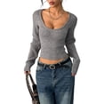 thumbnail image 3 of Women Deep V Neck Knitted Crop Sweater Top Casual Solid Slim Fit Long Sleeve Ribbed Pullover Jumper Tops Gray XL, 3 of 10