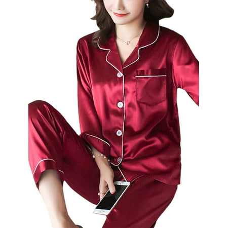 Womens Satin Pyjama Set PJs Silk Long Sleeve Soft Sleepwear Nightwear ...