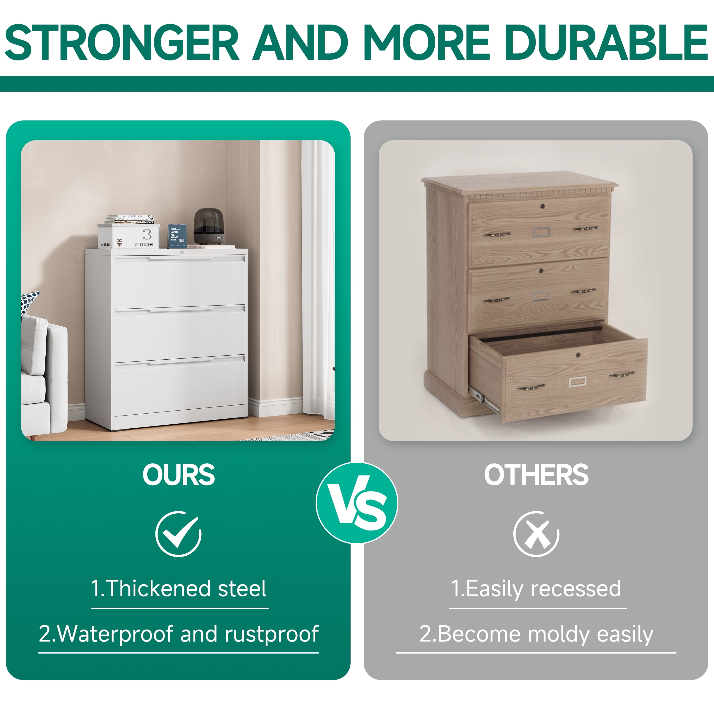 Kooyon 3 Drawer White Lateral File Cabinet with Lock, Metal Filing Cabinet for Home Office, Fits Letter/Legal/A4-Assembly Required