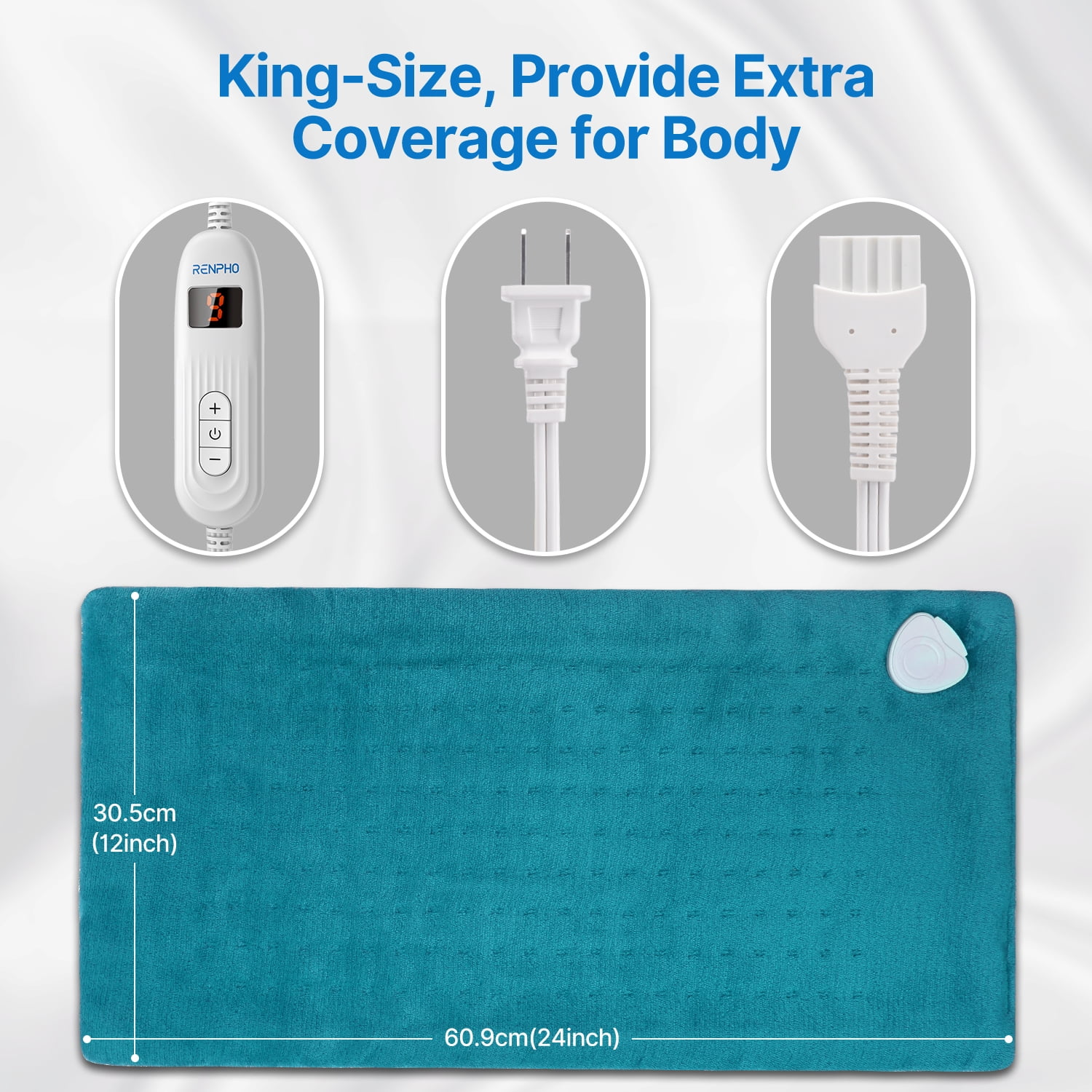 RENPHO Heating Pad, 10 Heat Settings, Auto Shut-Off Feature, FSA HSA Eligible, 12"x24", Blue