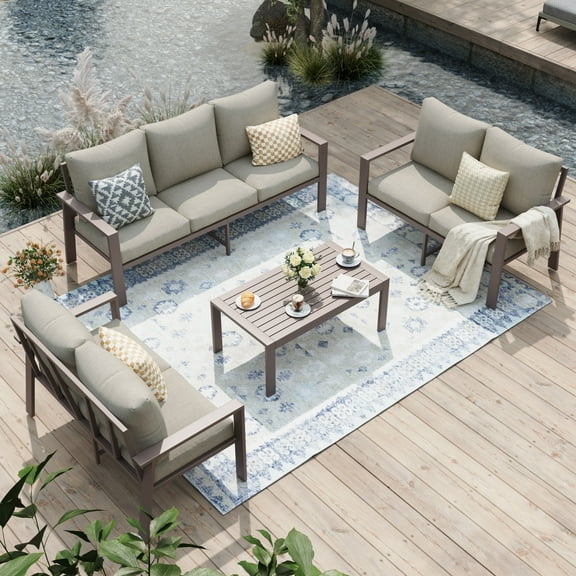 POTEBAN Aluminum Patio Furniture Set, Modern Metal Outdoor Sectional Sofa, Patio Conversation Sets with Side Table for Poolside, courtyard,Khaki