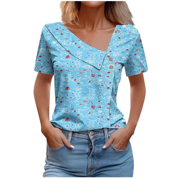 Top de Verano Mujeres Cuello en V Casual Top de Manga Corta, Ligera Primavera Y Blusa de Verano para las Mujeres