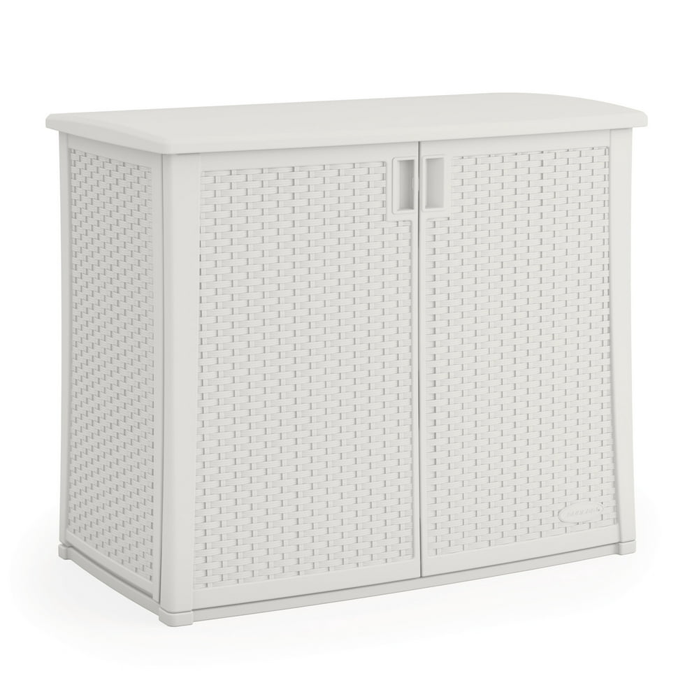Suncast 97 Gallon Outdoor Resin Wicker Deck Storage Cabinet, White