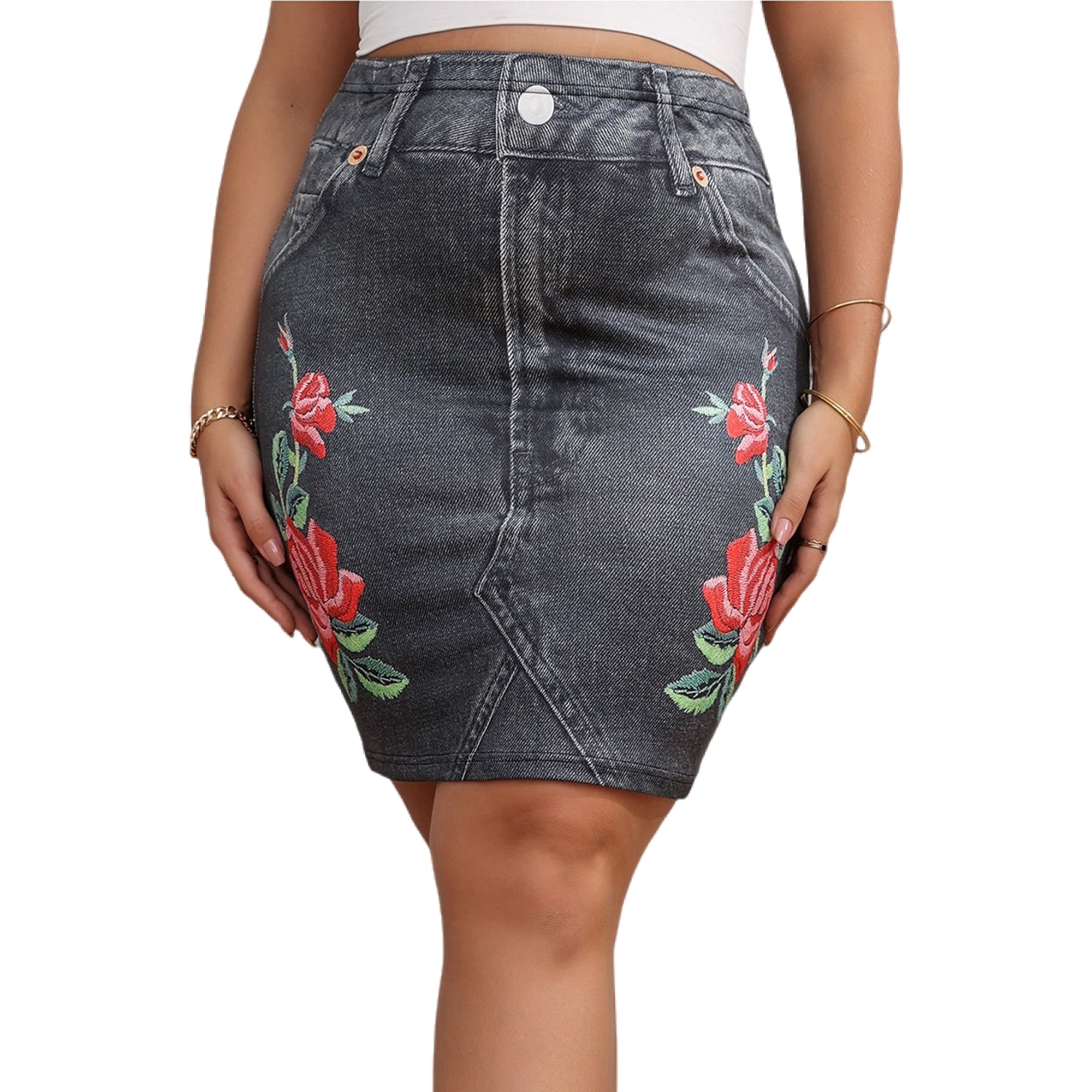 Bellella Grande Taille pour Femme Imprime Denim Jupe Elastique Taille Oversize Faux Jeans Jupes Ventre Controle Vintage Taille Haute Vacances Gris Fonce 2XL Walmart