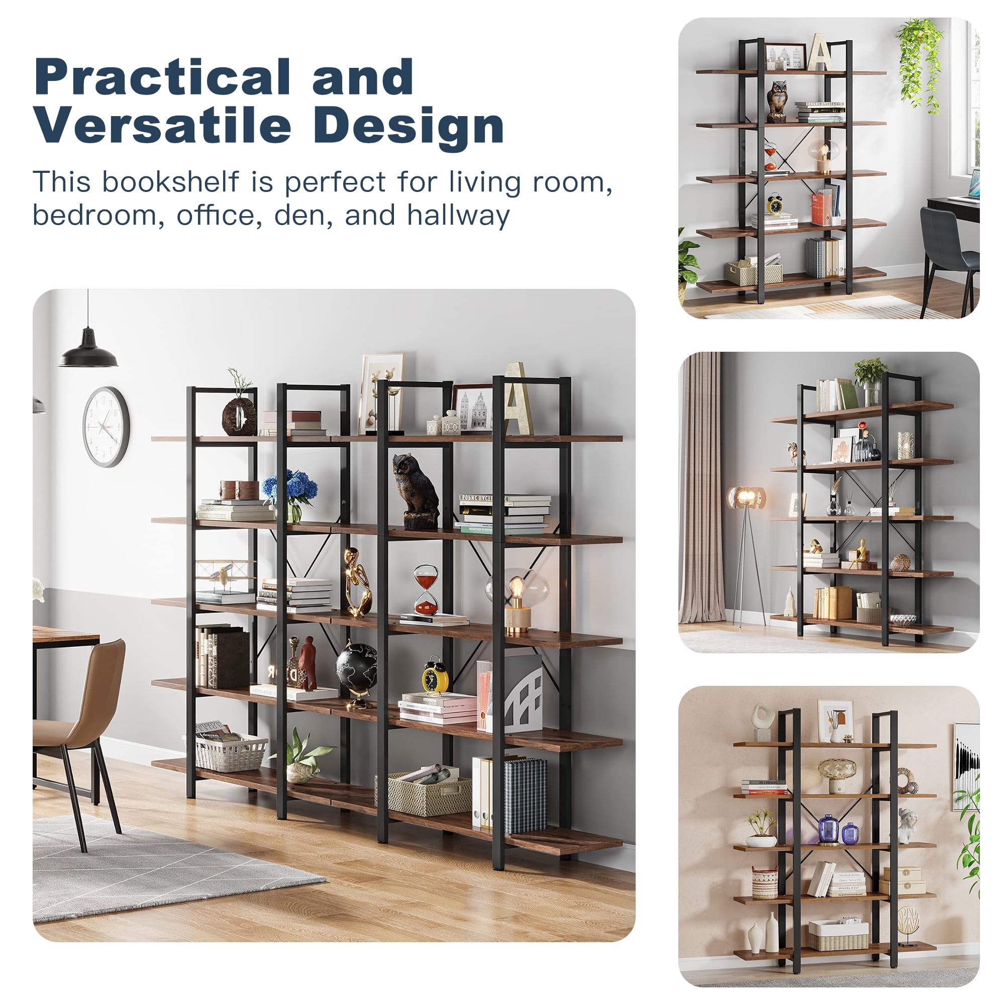 Demi Bonn 5 Tier Bookshelf, Bookshelves, Open Etagere Bookcase Shelf Storage Organizer, Free Standing Storage Shelving Unit for Bedroom, Living Room and Home Office, Brown