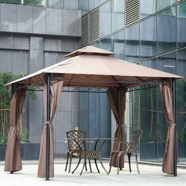 10 x 13 Ft Gazebo Canopy Tent Outdoor Patio Gazebo Sun Shade Canopy Tent Heavy Duty Party Tent & Shelter with Double Roofs Pop Up Gazeb with Sidewall for Backyard, Garden, Lawn, Brown