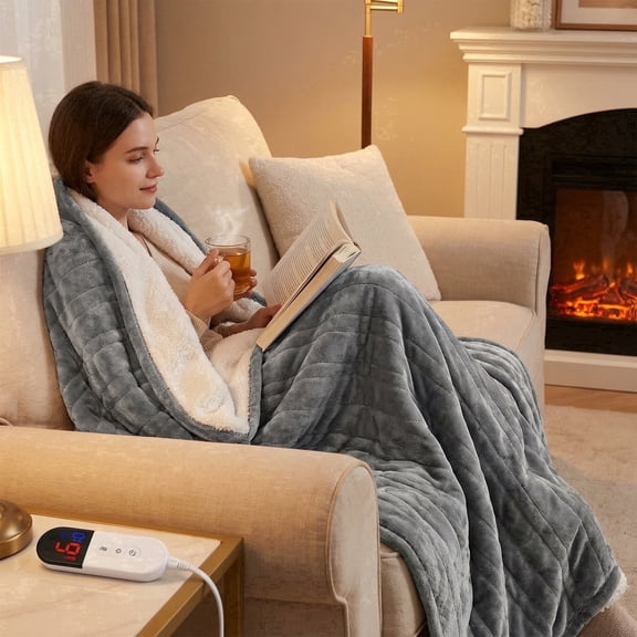 GASKY Flannel & Shu Velvet 50x60 Inches Heated Blanket 6 Heat Settings Electric Blanket Machine Washable Heated Throw Blanket for Adults, Home Office Use Grey White