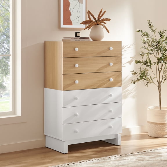 Modway Nolia 6-Drawer Color Block Dresser Chest in Oak White by Modway