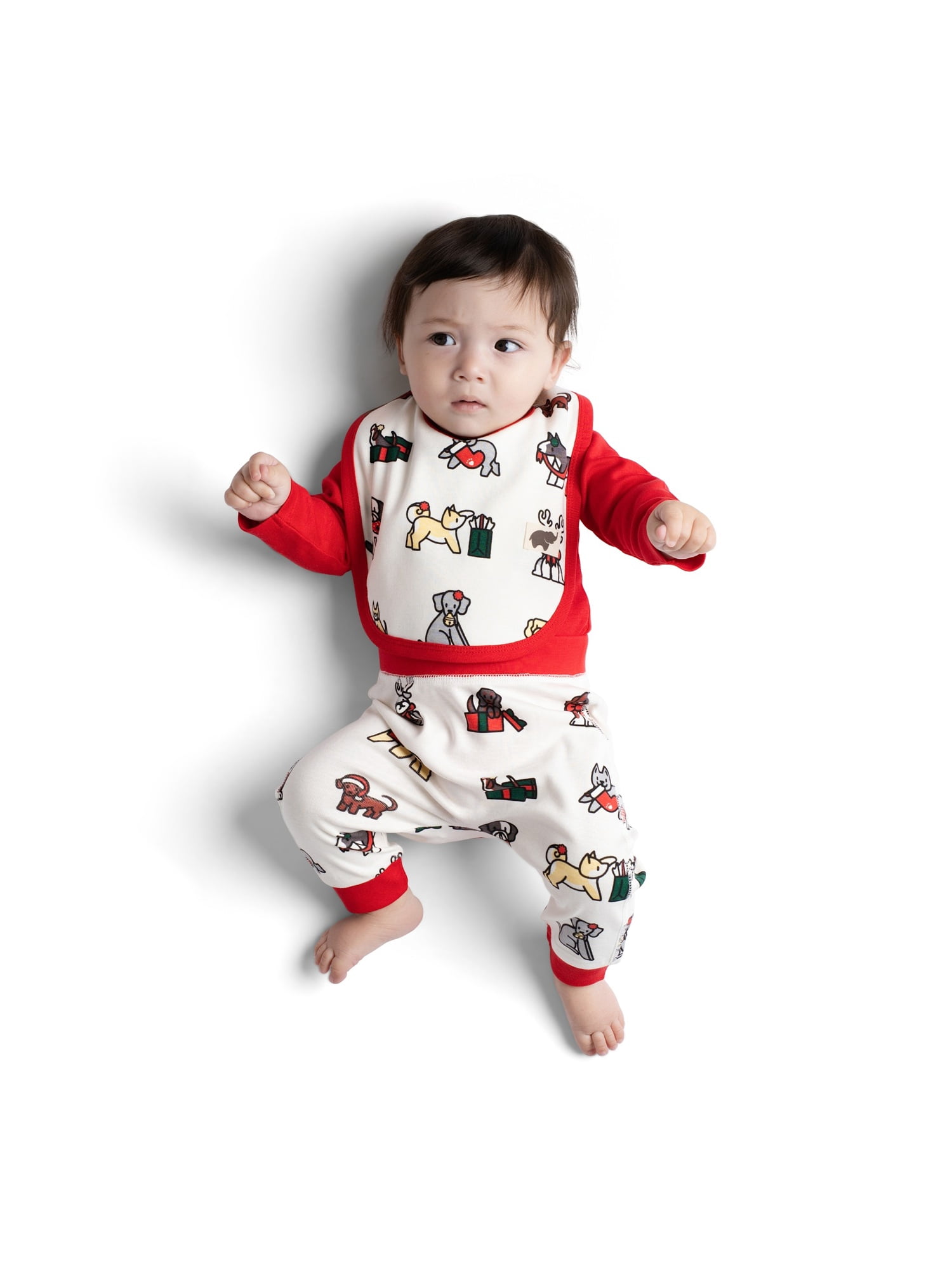 M+A by Monica + Andy Christmas Organic Cotton Gender Neutral First Moves Bodysuit + Groove Pant + Bib Set, Sizes Newborn -24 Months
