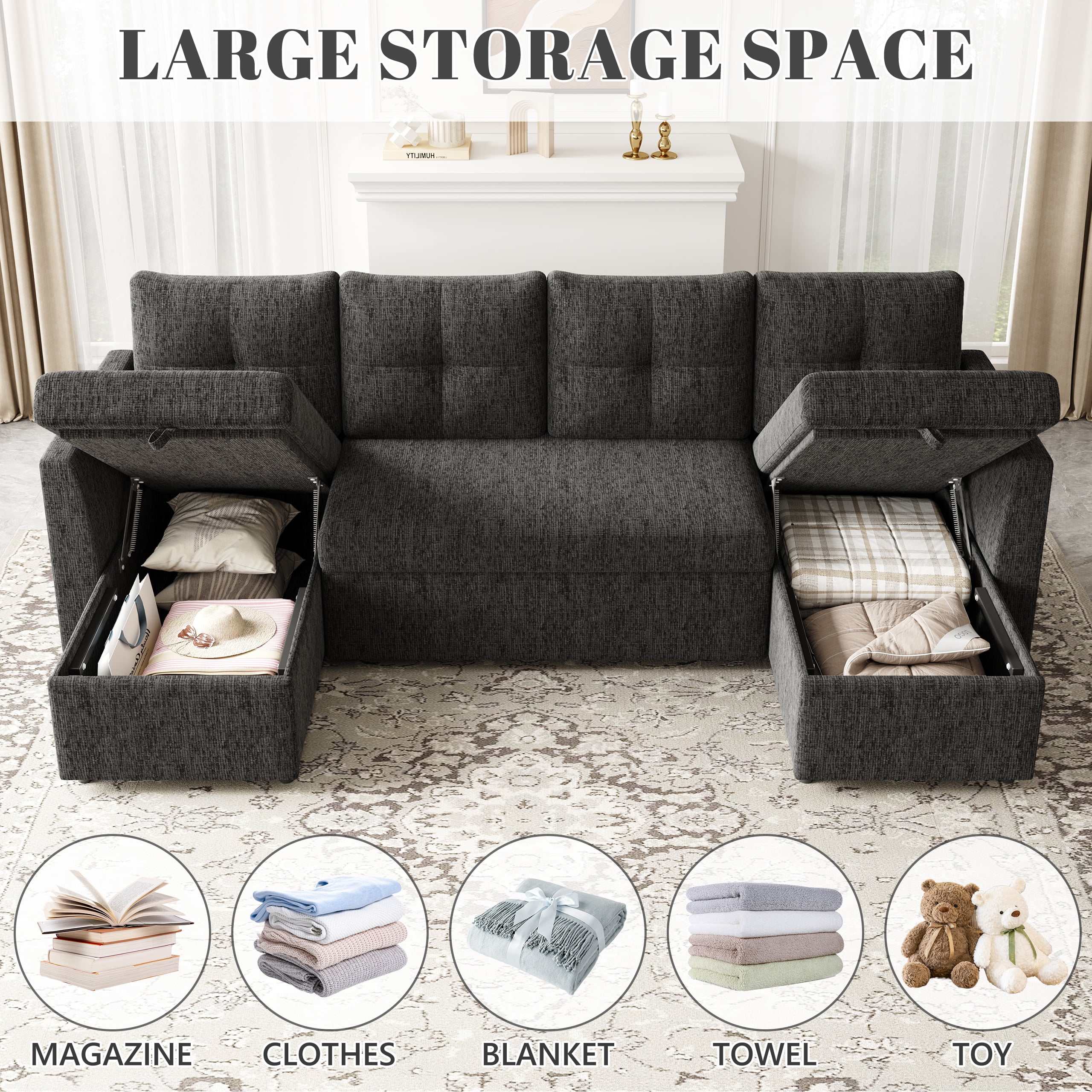 Mangodan 110 inch Sectional Oversized Sleeper Sofa with Side Pocket , Pullout Couch Bed with Double Storage Chaise, Black