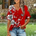 thumbnail image 3 of JTZGDY Henley Shirts for Women Cute Floral Pattern Printed Short Sleeve Button V Neck Graphic T-Shirts Loose Fit Dressy Tunic Blouse Red L, 3 of 7