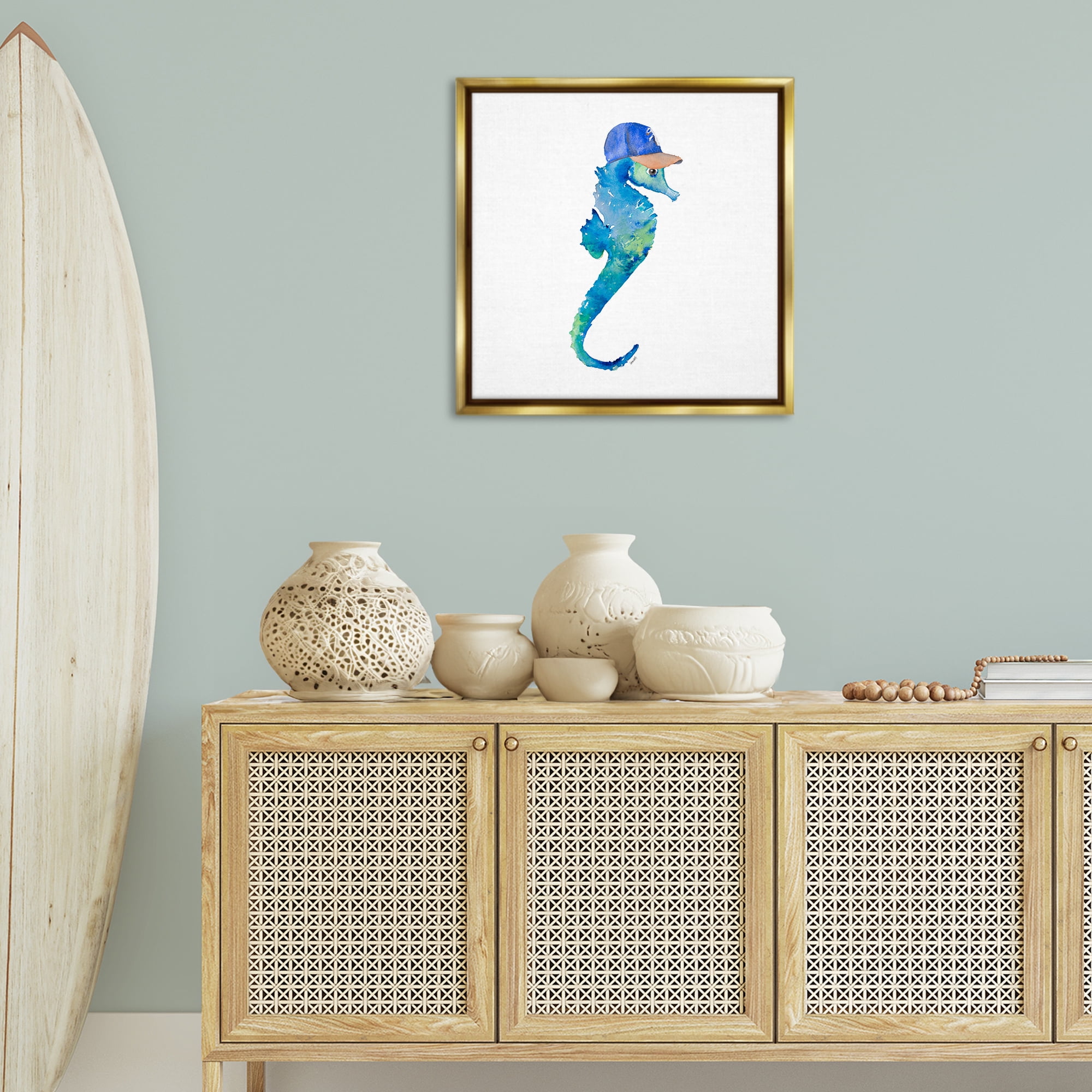 Stupell Industries Blue Seahorse in Hat Novelty Painting Gold Floater Framed Canvas Art Print Wall Art, 25 x 25