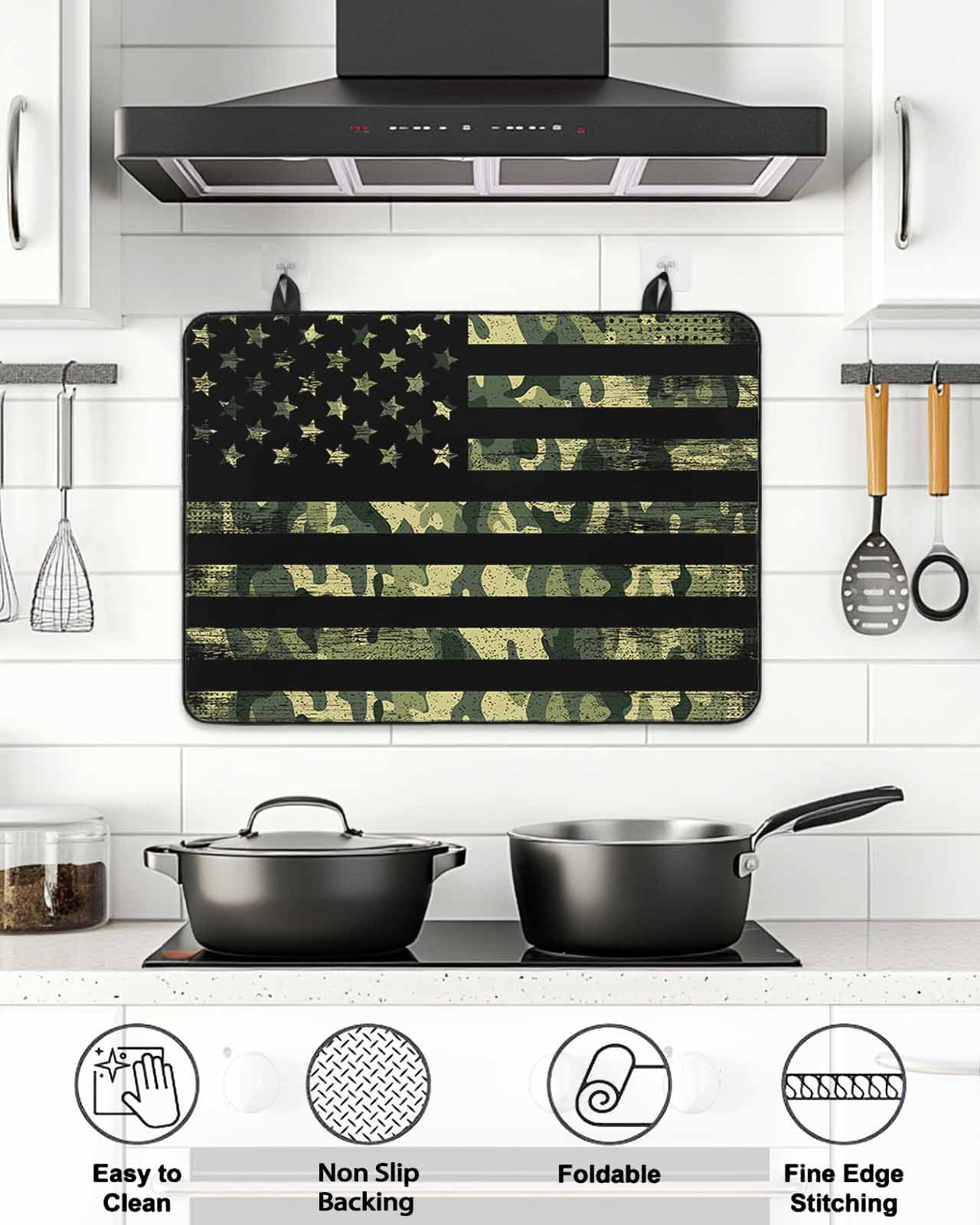 Stove Top Covers for Electric Stove, Green Camouflage American Flag Glass Stovetop Cover Protector, Wooden Grain Induction Cooktop Protector Oven Mat for Kitchen Countertop 24"x21"